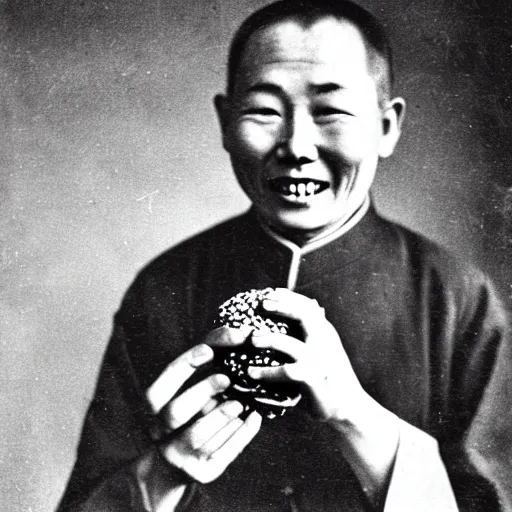 Image similar to a photo of a happy man from qing empire holding and eating a hamburger, award winning photo, high quality, 1 9 century photo, black and white