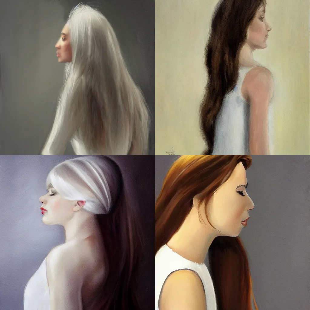 Prompt: girl with long hair, profile, white dress, by edgar maxense
