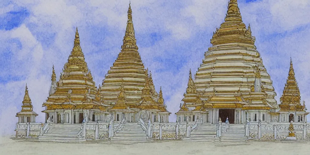 Image similar to sri lankan temple with white stupa, drawn by hayao miyazaki