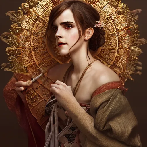 Prompt: a photorealistic dramatic fantasy render of a beautiful woman emma watson wearing a beautiful intricately detailed japanese monkey kitsune mask and clasical japanese kimono by wlop, artgerm, greg rutkowski, alphonse mucha, epic, beautiful dynamic dramatic dark moody lighting, shadows, cinematic atmosphere, artstation, concept design art, octane render, 8 k