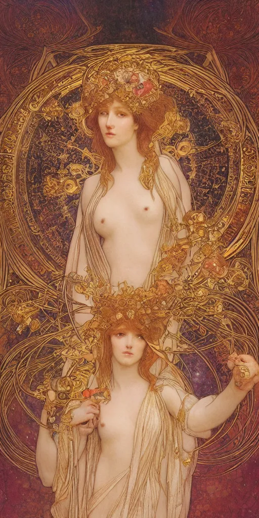 Image similar to portrait burning saint face, venus, athena, halo, by alphons mucha and annie swynnerton and jean delville, strong dramatic cinematic lighting, ornate headdress, flowing robes, spines, flowers, stars, lost civilizations, smooth, sharp focus, extremely detailed, marble, molten gold, space