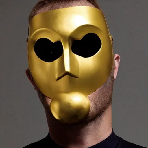 Prompt: big man, wearing a golden mask thats heart shaped.