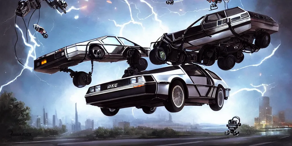 Image similar to robotic back to the future DeLorean with little robots attached to it flying around it big wheels matte painting artgerm