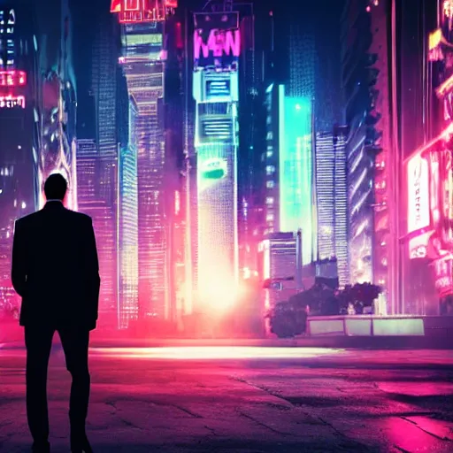 Image similar to a man in a suit walking away from an explosion, cityscape, neon, cyberpunk, bladerunner