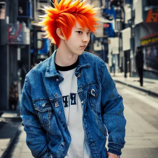 Image similar to orange - haired anime boy, 1 7 - year - old anime boy with wild spiky hair, wearing blue jacket, shibuya street, bright sunshine, strong lighting, strong shadows, vivid hues, sharp details, subsurface scattering, intricate details, hd anime, high - budget anime movie, 2 0 1 9 anime