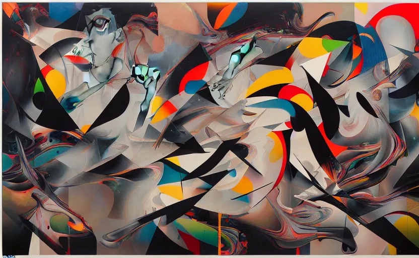 Image similar to decollage painting ыstillness in the motion by adrian ghenie and takato yamamoto and edward hopper and mark ryden and tsutomu nihei, part by bridget riley, acrylic pour and splashing paint, very coherent, baroque elements, perfect anatomy, intricate design. pop art.