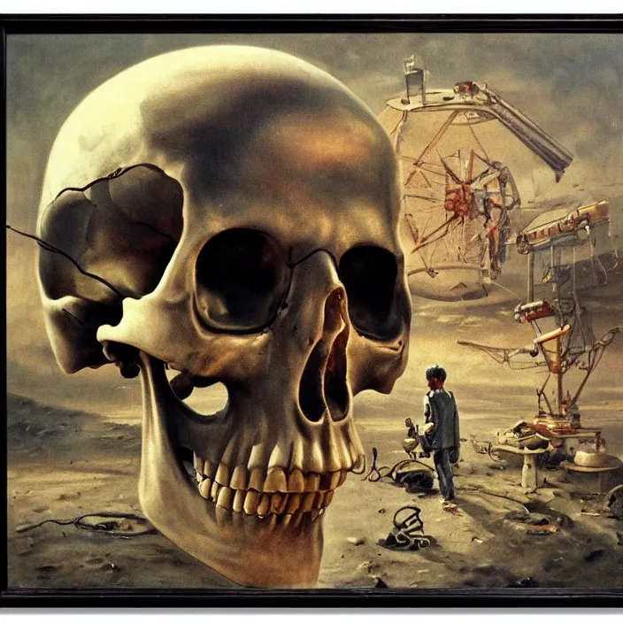 Image similar to pensive skull observing 8 0's era technology, vintage shapes, retro technology, vintage color, wayne barlow, oil on canvas, deep depth of field, masterpiece, cinematic composition, hyperdetailed