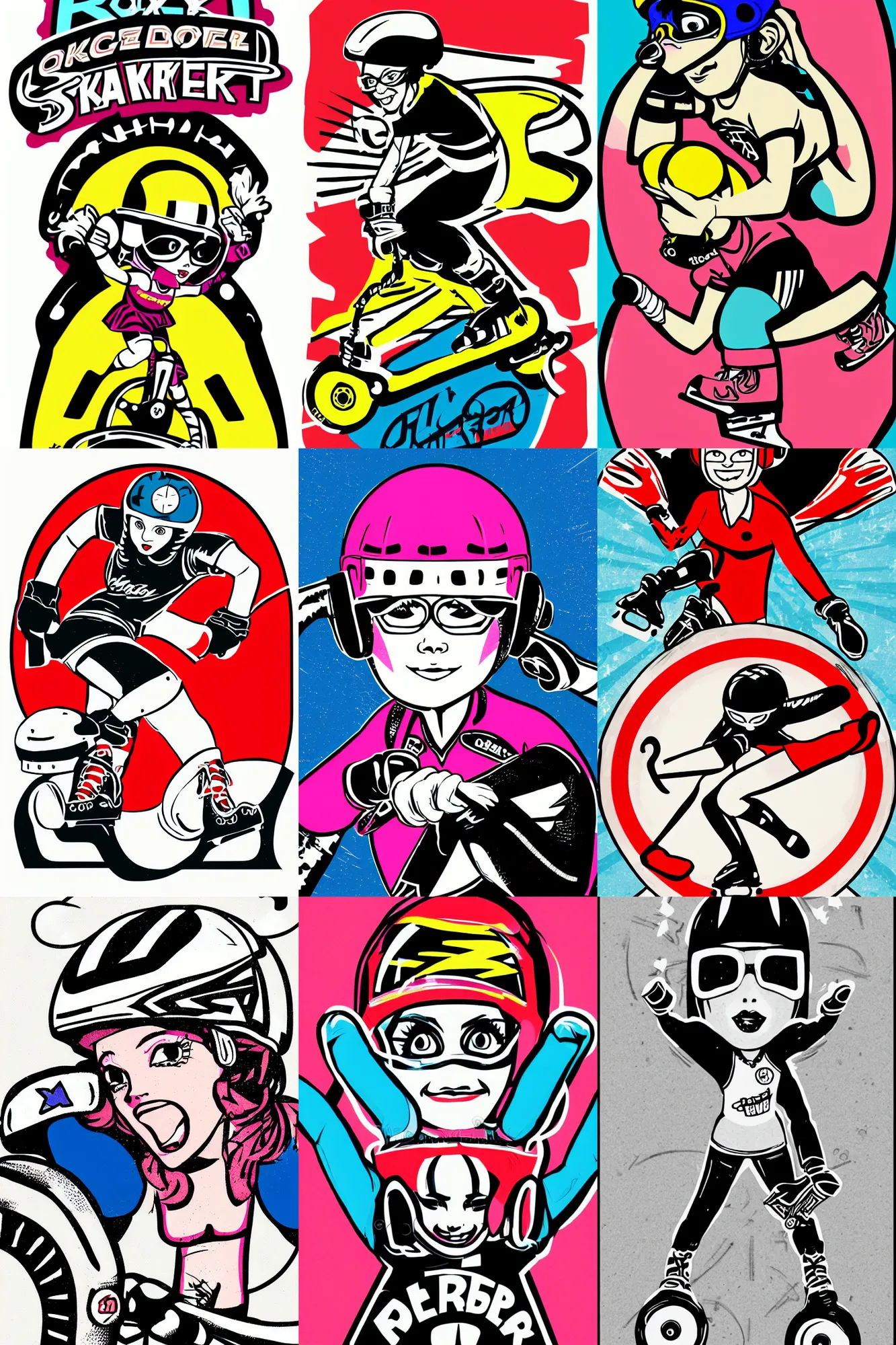 Prompt: logo portrait of roller derby girl doing cross over skating around a rink, wearing helmet, illustration by Jamie Hewlett