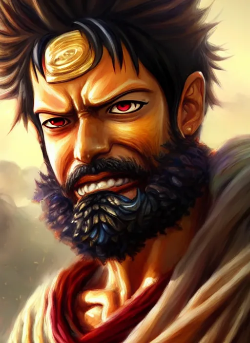 Image similar to luffy as _ fantasy _ style _ portrait _ painting _ of middle eastern male brown wavy hair beard, rpg dnd oil _ painting _ unreal _ 5 _ daz. _ rpg _ portrait _ extremely _ detailed _ artgerm _ greg _ rutkowski _ greg