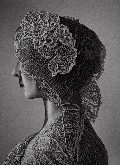 Image similar to a woman's face in profile, made of intricate decorative lace leaf skeleton, in the style of the dutch masters and gregory crewdson, dark and moody