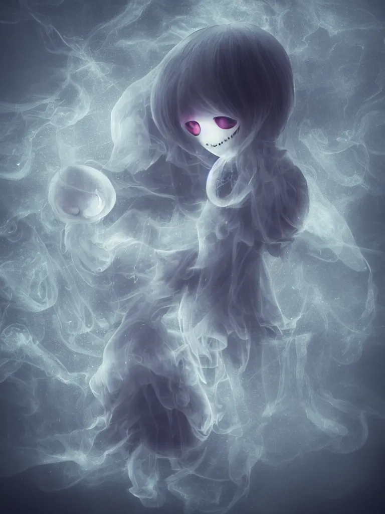 Image similar to cute fumo chibi plush beautiful ectoplasmic gothic skeletal jellyfish ghost girl, glowing milky wisps of hazy smoke and volumetric fog on a stormy reflective river, lens flare, subsurface scattering, vignette, asymmetry, bokeh, refraction, vray