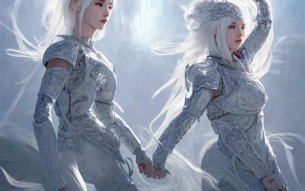 Prompt: white hair knights of zodiac girl, sliver ice color reflected armor, kung fu fighting in ruined agora of athens sunrise, ssci - fi and fantasy, intricate and very very beautiful and elegant, highly detailed, digital painting, artstation, concept art, smooth and sharp focus, illustration, art by tian zi and wlop and alphonse mucha