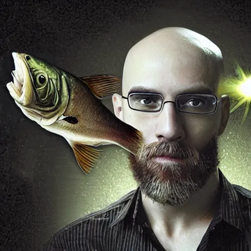 Image similar to bearded and bald man armed with a fish in matrix universe