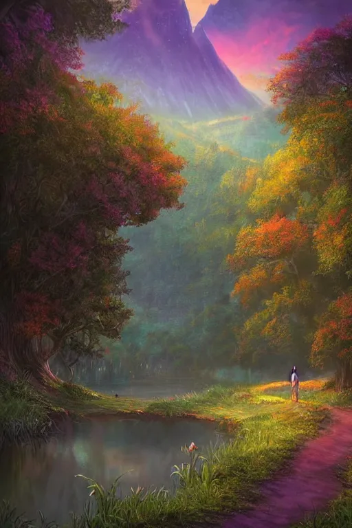 Prompt: beautiful matte painting style synthwave, whimsical art fantasy path mountains and meadow in the background near a lake reflecting the trees, atmospheric lighting, painted, intricate, volumetric lighting, beautiful, rich deep colors masterpiece, sharp focus, ultra detailed by