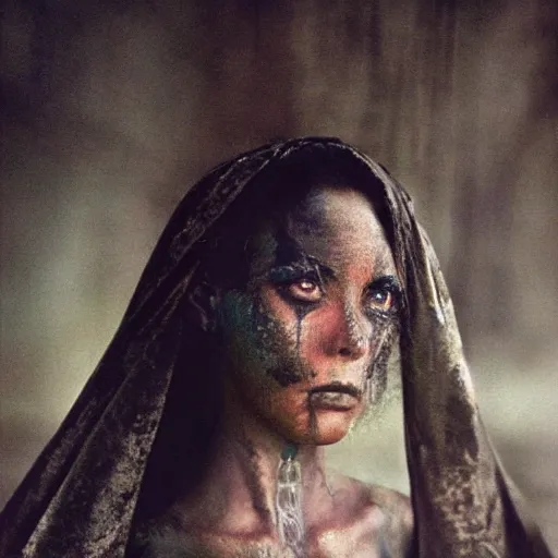 Image similar to beautiful portrait of a dark sorceress female, 35mm, cinematic atmosphere, photorealistic, depth of field, style of irwing penn and steve mccurry