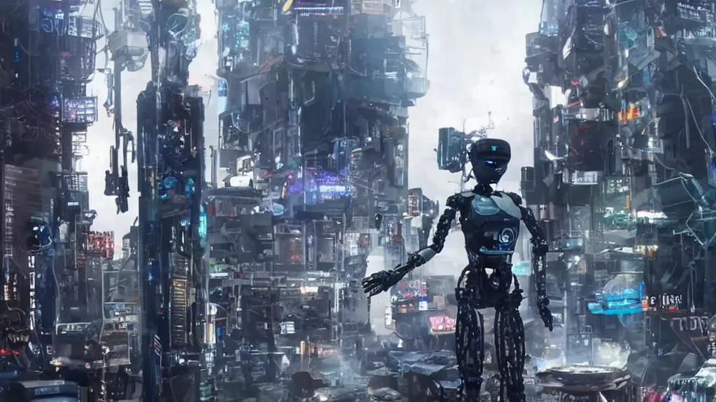 Prompt: Gopro footage of a humanoid robot built by a cyberpunk god tearing apart a police station by Ridley Scott and Neil blomkamp