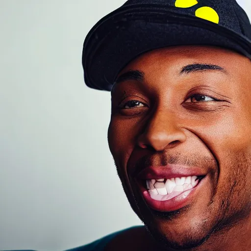 Image similar to a bald black man with a pikachu hat, close up