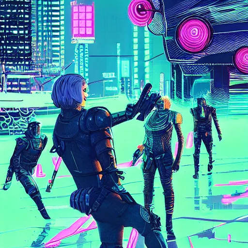 Image similar to jaime lannister and brienne of tarth fighting against a horde of neon zombies, cyberpunk art by james gilleard, cgsociety, retrofuturism, synthwave, retrowave, outrun