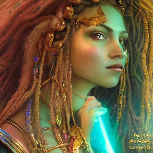 Image similar to octane render, artstation, 8 k, intricate detail, hyper detail, portrait by gaston bussiere, tan skin lady of elche, egyptian sumerian features, techno mystic goddess princess intergalactica inanna with aqua neon rapunzel dreadlocks,