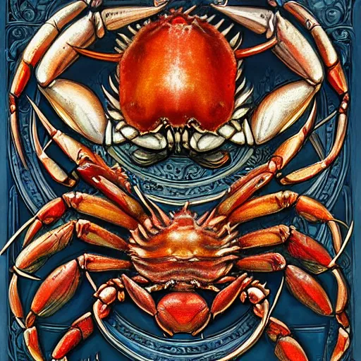 Image similar to detailed and sharp crab god zodiac artwork, mystic style, detailed, 8 k, detailed, symmetrical, by brian froud