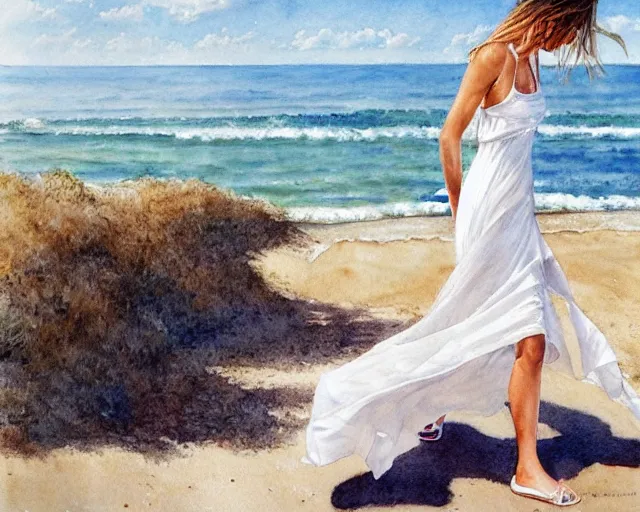 Prompt: a photorealistic watercolor of a woman with translucent white dress walking by the beach, by Steve Hanks, highly detailed and realistic, intricate HD, emotional realism