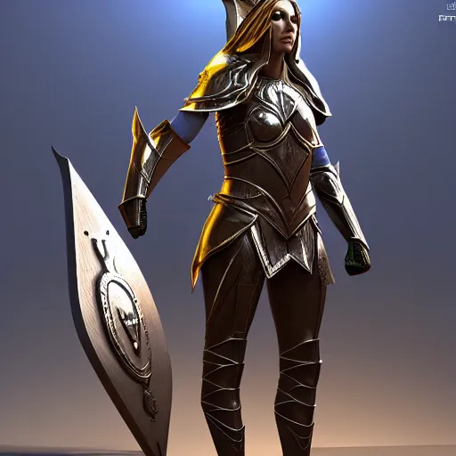 Image similar to full - body shot of a powerful elven female knight with a shield and a sword, ultra - hd, hcl, 1 2 - bit, ar, volumetric lighting, screen space global illumination, opaque, optics, lumen reflections, vfx, insanely detailed and intricate