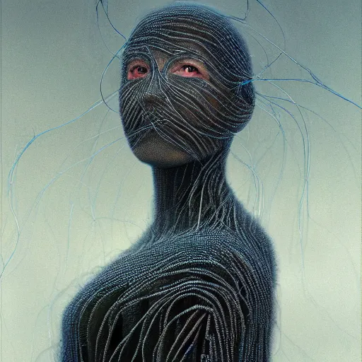 Image similar to Woman portrait, ice crystal wires everywhere, flat background, by Edgar Maxence and Ross Tran, Zdzisław Beksiński, and Michael Whelan, distant, gustav dore, H.R. Giger, 8k, octane render
