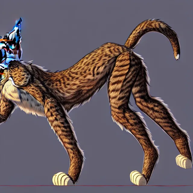 Image similar to the full body of anthropomorphic lynx fursona from behind wearing a steampunk suit as unimaginably beautiful, gorgeous, elegant, young woman with lynx head, an ultrafine hyperdetailed illustration by furaffinity, intricate linework, white fur, unreal engine 5 highly rendered, global illumination, radiant light, detailed and intricate environment