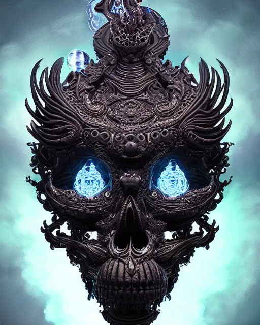 Prompt: 3 d ornate carved dark cosmic spirit with profile portrait, sigma 5 0 0 mm f / 5. beautiful intricate highly detailed quetzalcoatl skull. bioluminescent, plasma, lava, ice, water, wind, creature, thunderstorm! artwork by tooth wu and wlop and beeple and greg rutkowski, 8 k trending on artstation