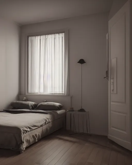 Image similar to one room apartment, bed, kitchen, door to balcony, cramped, unreal engine 5, hyper realism, realistic shading, cinematic composition, blender render, octane render, hdr, detailed textures, photorealistic, wide shot