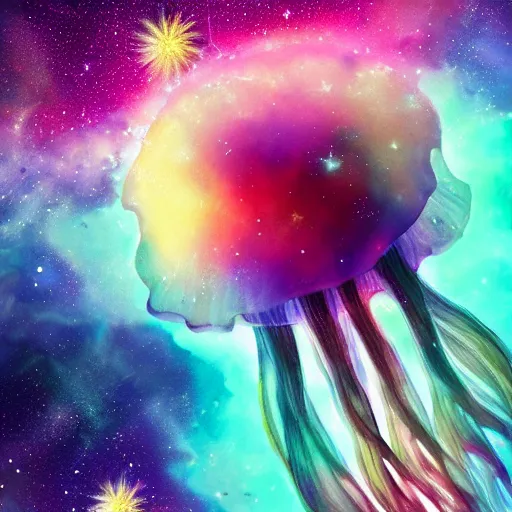 Prompt: a multicoloured jellyfish floating in a beautiful galaxy of stars and nebula, sci - fi, realistic, intricate, traditional media, high detail, artstation, 8 k resolution