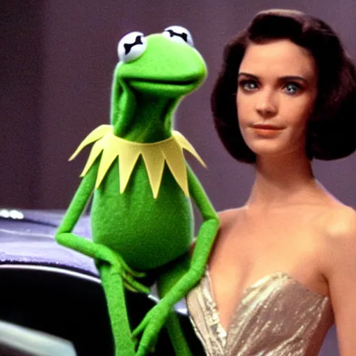 Image similar to Kermit the Frog is the latest Bond girl in 007, movie still, 4k ultra HD