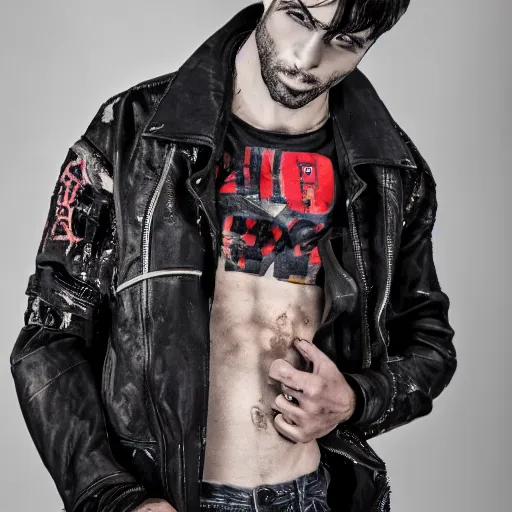 Prompt: an editorial photo of a male model wearing a distressed baggy cropped leather menswear jacket with graffiti all over, 4 k, studio lighting