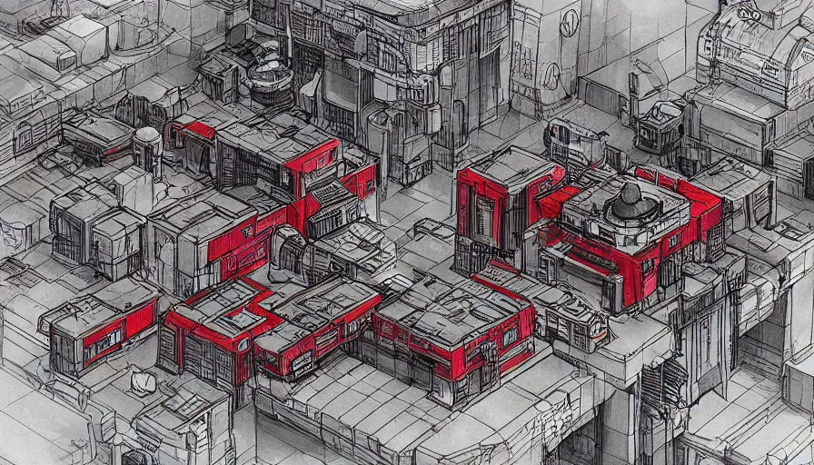 Image similar to Concept Art Sketch of neo-Tokyo Maximum Security Mint, in the Style of Akira, Anime, Dystopian, Highly Detailed, Red Building, Helipad, Special Forces Security, Giant Crypto Vault, Docks, Shipping Containers, Helicopter Drones, 19XX :2 Akira Movie style : 8