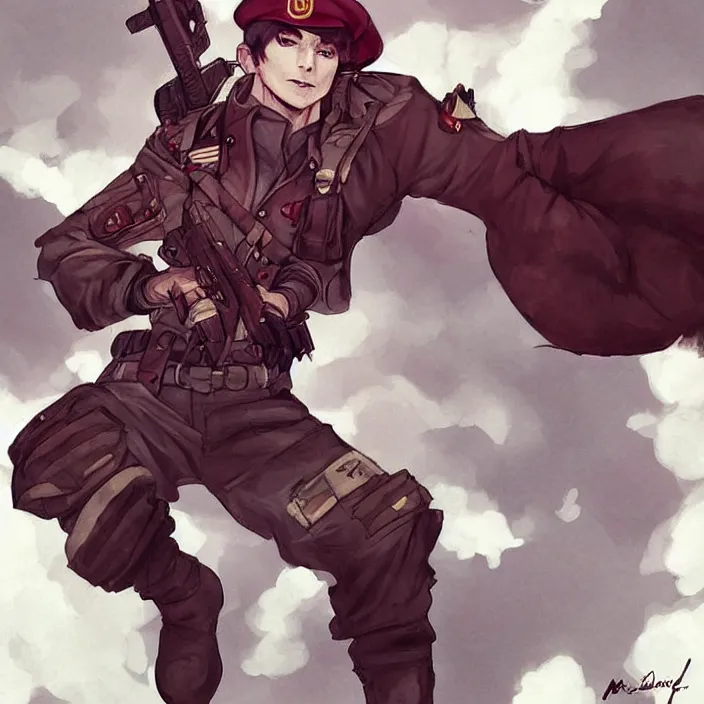 Prompt: beautiful portrait commission of a male furry anthro!!! bat shark wearing military clothes and a maroon beret. Active Warzone with explosions Atmospheric. Character design by charlie bowater, ross tran, artgerm, and makoto shinkai, detailed, inked, western comic book art