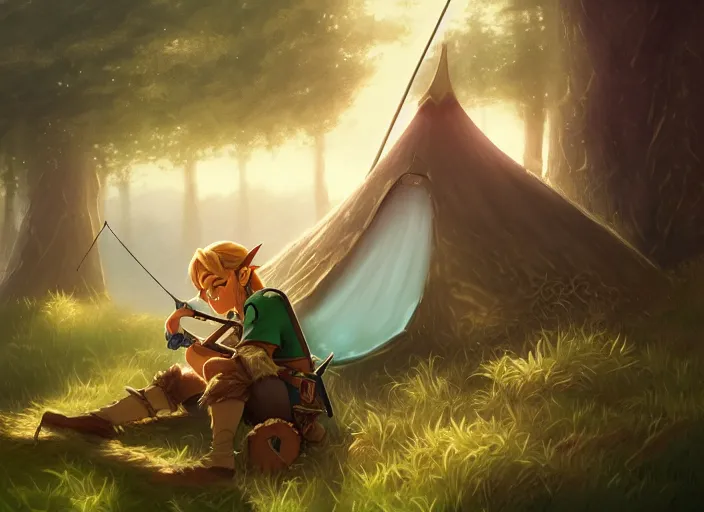 Prompt: full portrait of link from zelda resting with his bow at his tent. intricate, elegant, highly detailed, digital painting, artstation, concept art, smooth, sharp focus, illustration, by greg rutkowski, 8 k