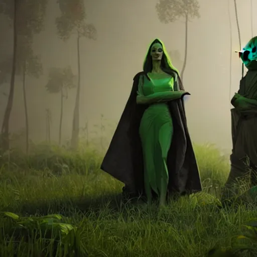 Prompt: a green angelina jolie with yoda ears greg rutkowski and jason chan highly detailed cinematic lighting octane render unreal engine