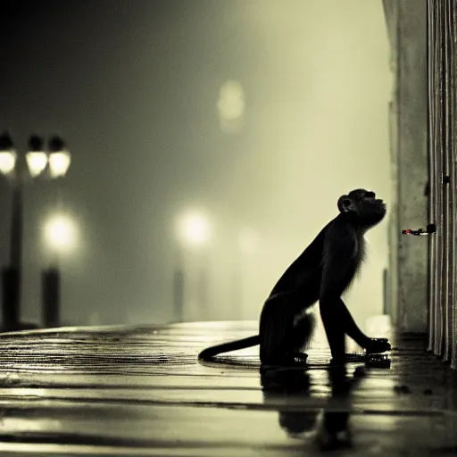 Image similar to contre - jour photo of a monkey smoking a cigarette on a bridge at night under rain, lightened by street lamps, award winning photography