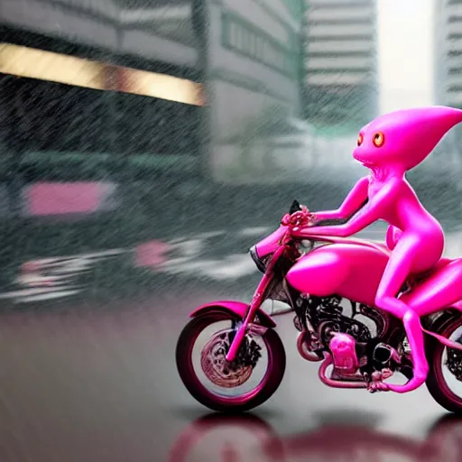 Prompt: hyper realistic, photo, humanoid pink female Squid girl, popping wheelie on motorcycle fast in the rainy city traffic