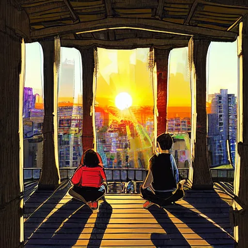 Prompt: the young travelers open the multiversal rift from their rooftop porch in montreal, sunrise, digital art, stunning detail