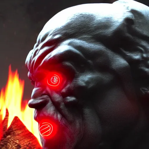 Prompt: darkseid in a dark suit with glowing eyes standing in front of a fire, a photocopy by zack snyder, cgsociety, antipodeans, # vfxfriday, reimagined by industrial light and magic, movie still