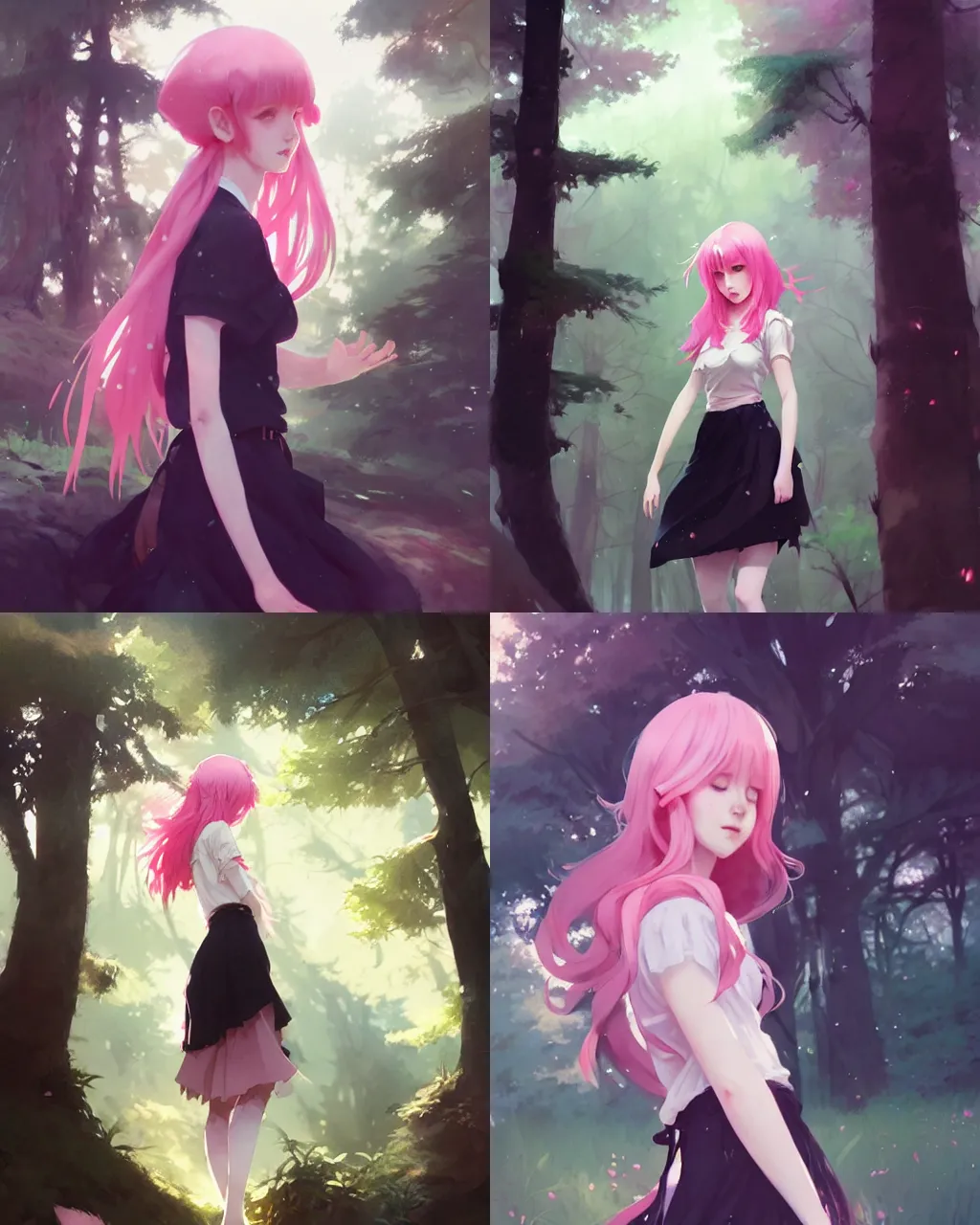 Prompt: a girl with pink hair and black skirt, in the woods, a beautiful half body illustration, top lighting, perfect shadow, soft painting, reduce saturation, leaning towards watercolor, art by hidari and krenz cushart and wenjun lin