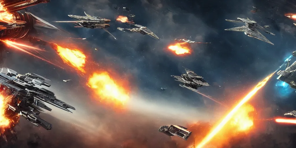 Prompt: an epic spaceship battle in low earth orbit between two waring factions, explosions. cinematic. stunning, gorgeous, intricate detail, much wow, masterpiece, 4 k.