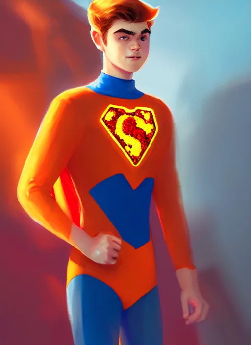 Image similar to kind teenage archie andrews wearing an orange superhero costume, superhero costume with heart emblem, cape, intricate, elegant, glowing lights, highly detailed, digital painting, artstation, sharp focus, illustration, art by wlop, mars ravelo and greg rutkowski