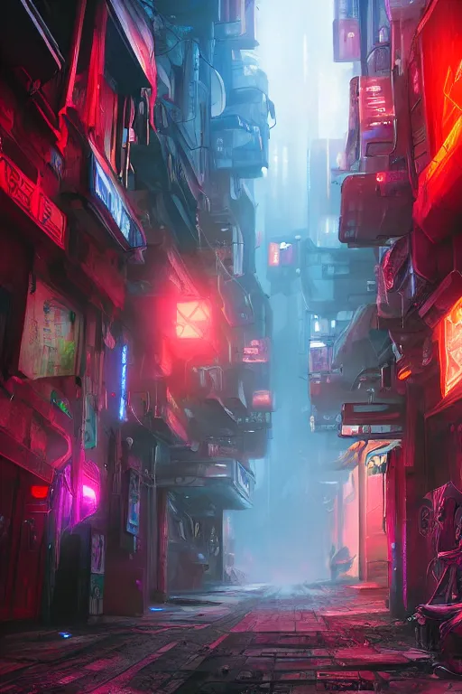 Prompt: fantasy futuristic cityscape alleyway digital artstation painting, cyberpunk wallpaper, diffused lighting, with red and blue neon ambient lighting, fog, trash and dumpsters in the alley, made by tae young choi and dang my linh, 8 k dop dof hdr