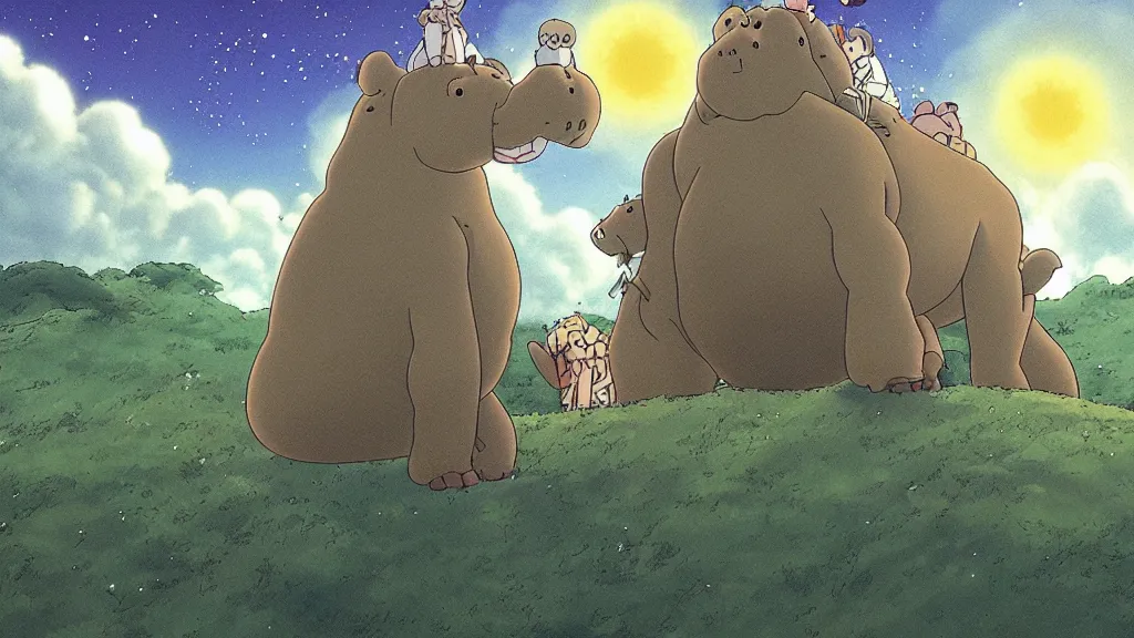 Prompt: a movie still from a studio ghibli film showing a lovecraftian hippopotamus from howl's moving castle ( 2 0 0 4 ). a pyramid is under construction in the background, in the rainforest on a misty and starry night. a ufo is in the sky. by studio ghibli