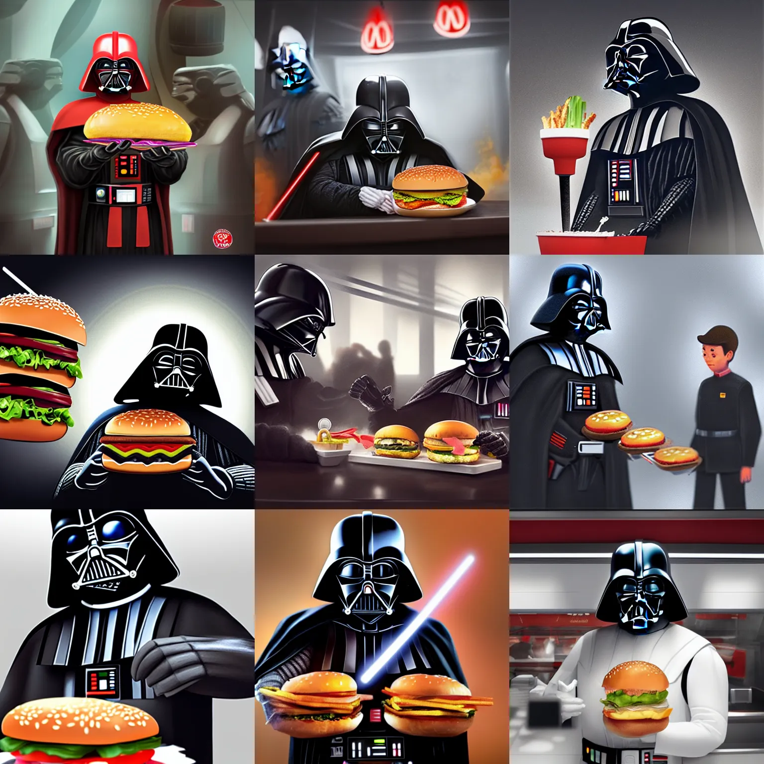 Prompt: darth vader serving burgers at mc donalds highly detailed, digital painting, artstation, concept art, matte, sharp focus, illustration