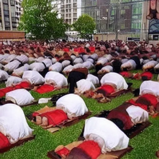 Prompt: people pray behind a hamburger god