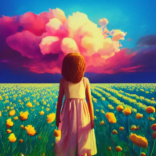 Image similar to girl with a giant carnation head, surreal photography, flower field, sunset dramatic light, impressionist painting, colorful clouds, blue sky, digital painting, artstation, simon stalenhag