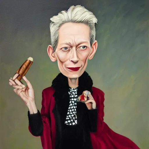 Image similar to caricature of tilda swinton smoking a cigar, realistic oil painting by david levine, trending on art station, 4K